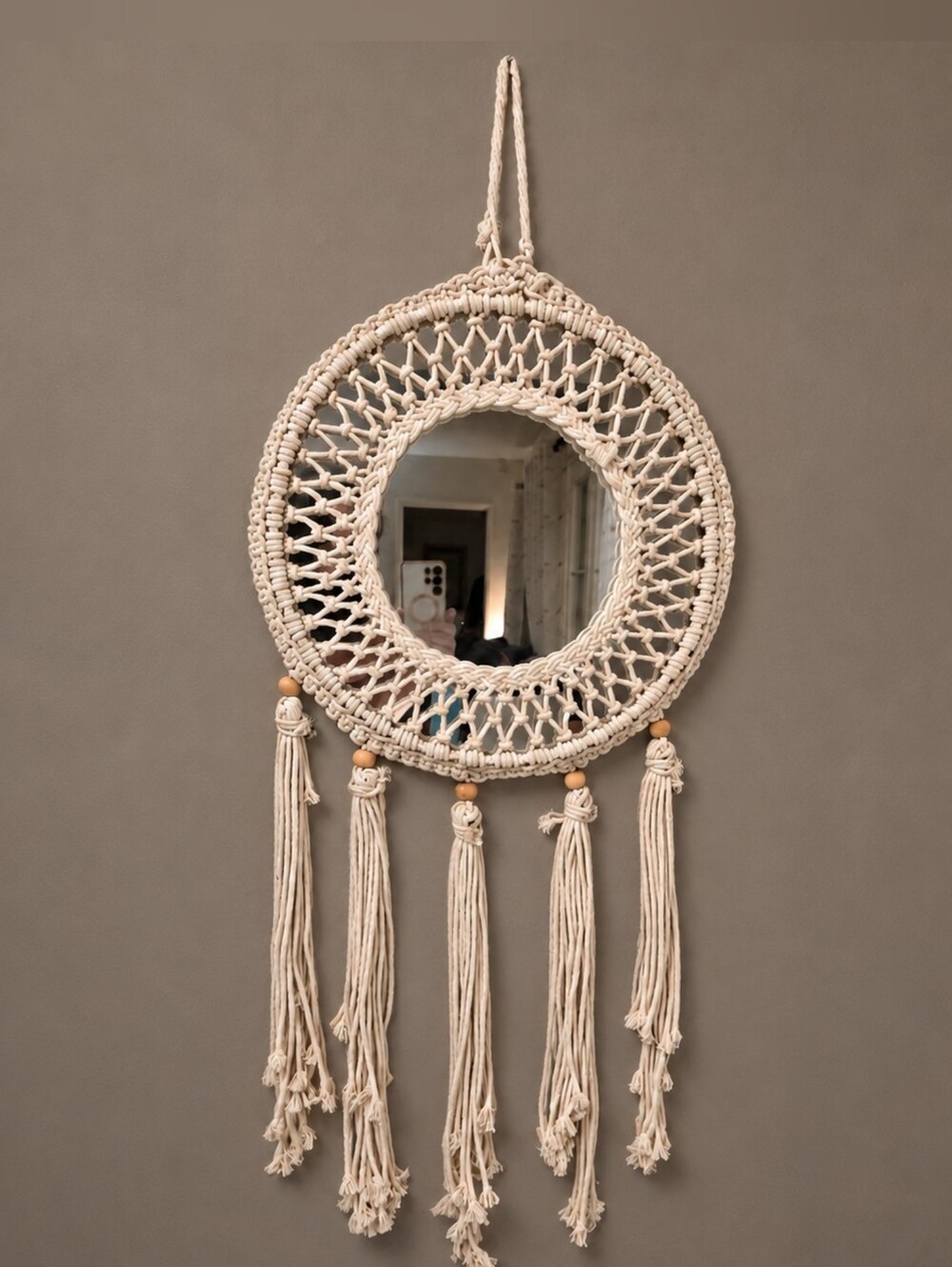 Round Boho Macramé Wall Mirror Off White Cream Color Natural Wood Beads Tassels